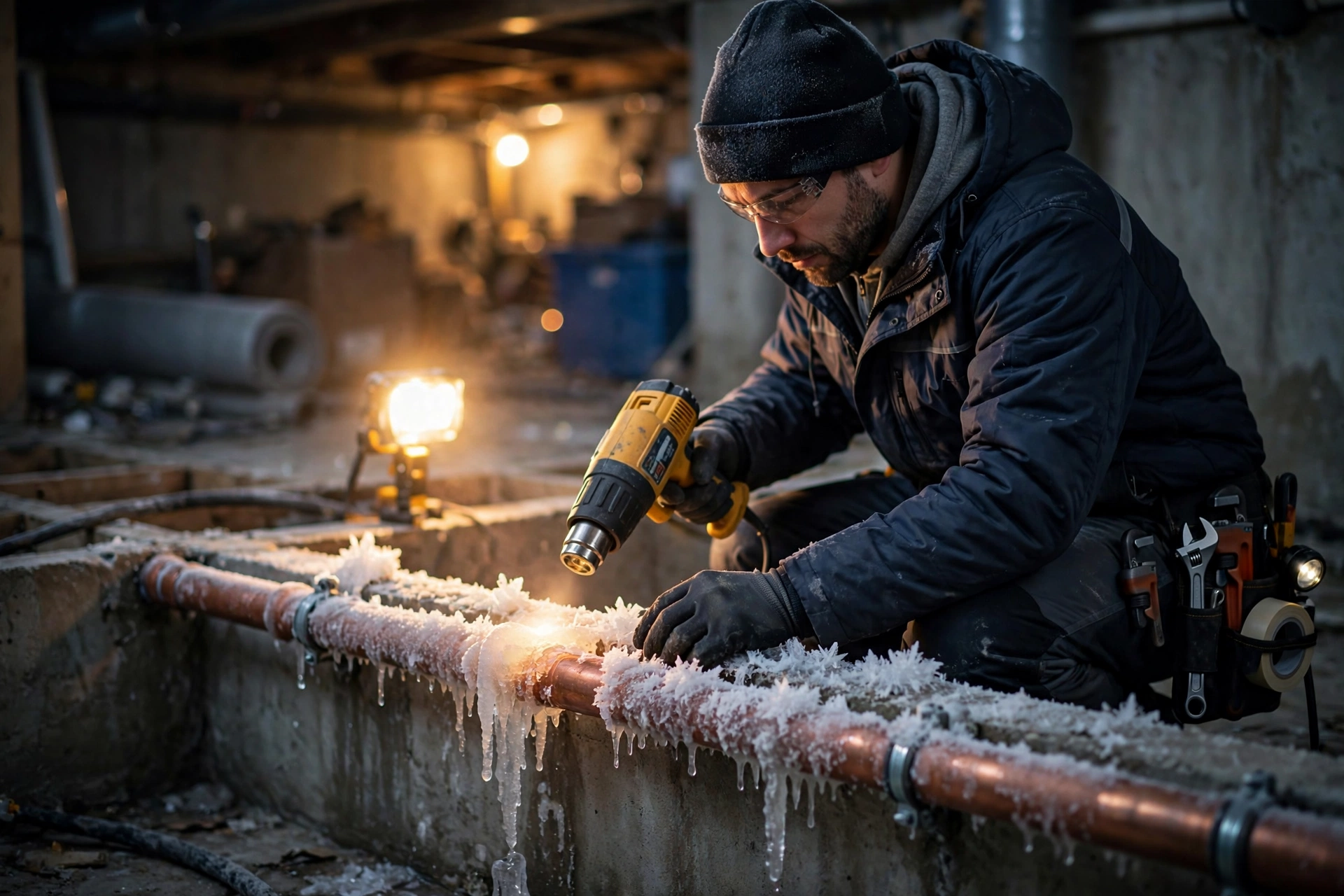 Plumber thawing a frozen pipe in a Cottage Grove, MN home during winter