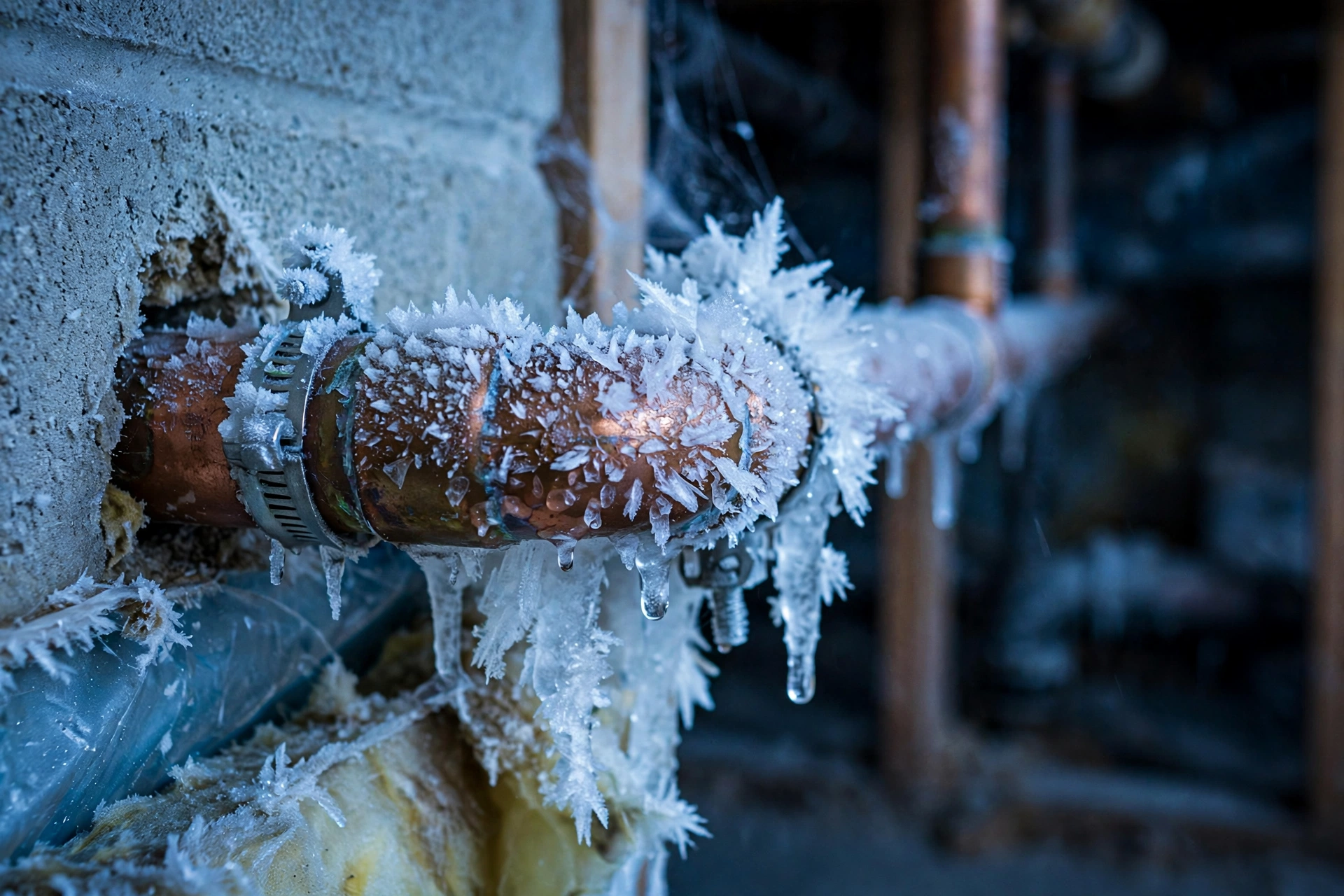Frozen copper pipe covered in frost inside a Cottage Grove, MN basement